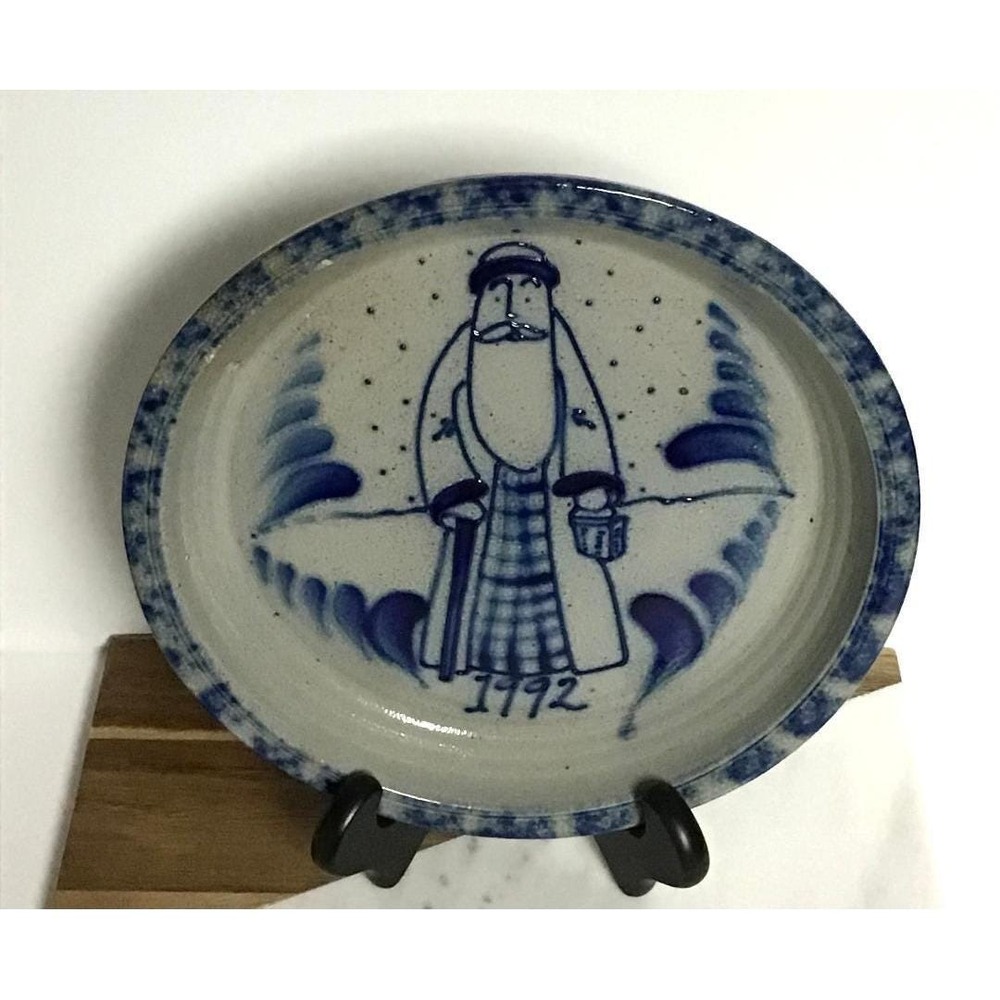 Rowe Pottery Works 1992 Santa Claus Salt Glaze Stoneware Plate Blue Cobalt 10in - Picture 3 of 11